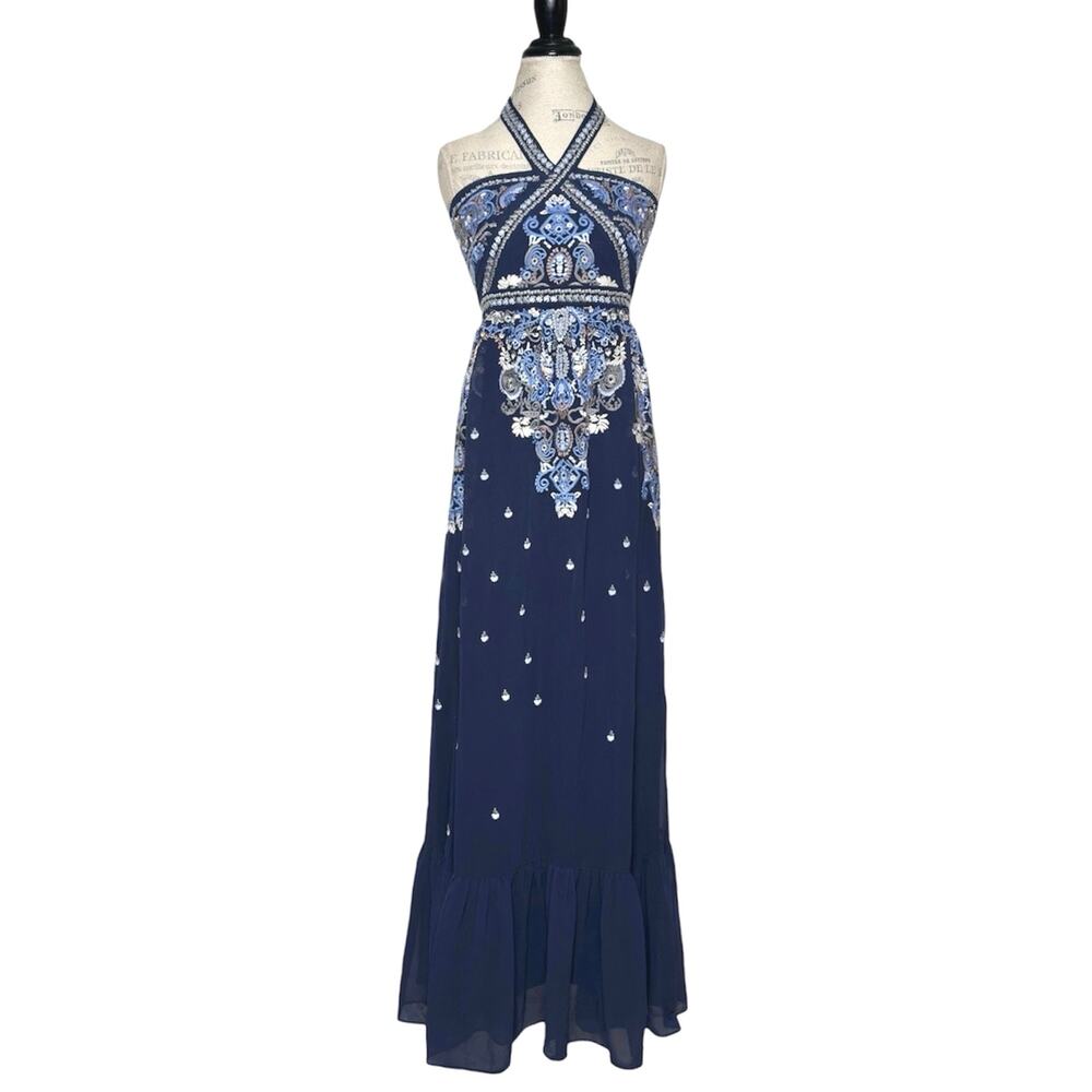 Altar’d State | Women | Corabeth Embroidered Blue Halter Neck Maxi Dress | Small - Picture 2 of 16